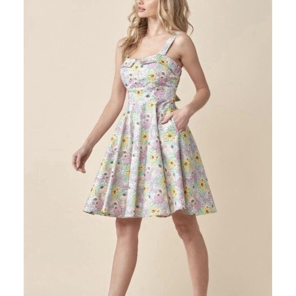 Eva Rose Retro Fit & Flare Swing Floral Halter Dress Size Large Pinup Rockabilly